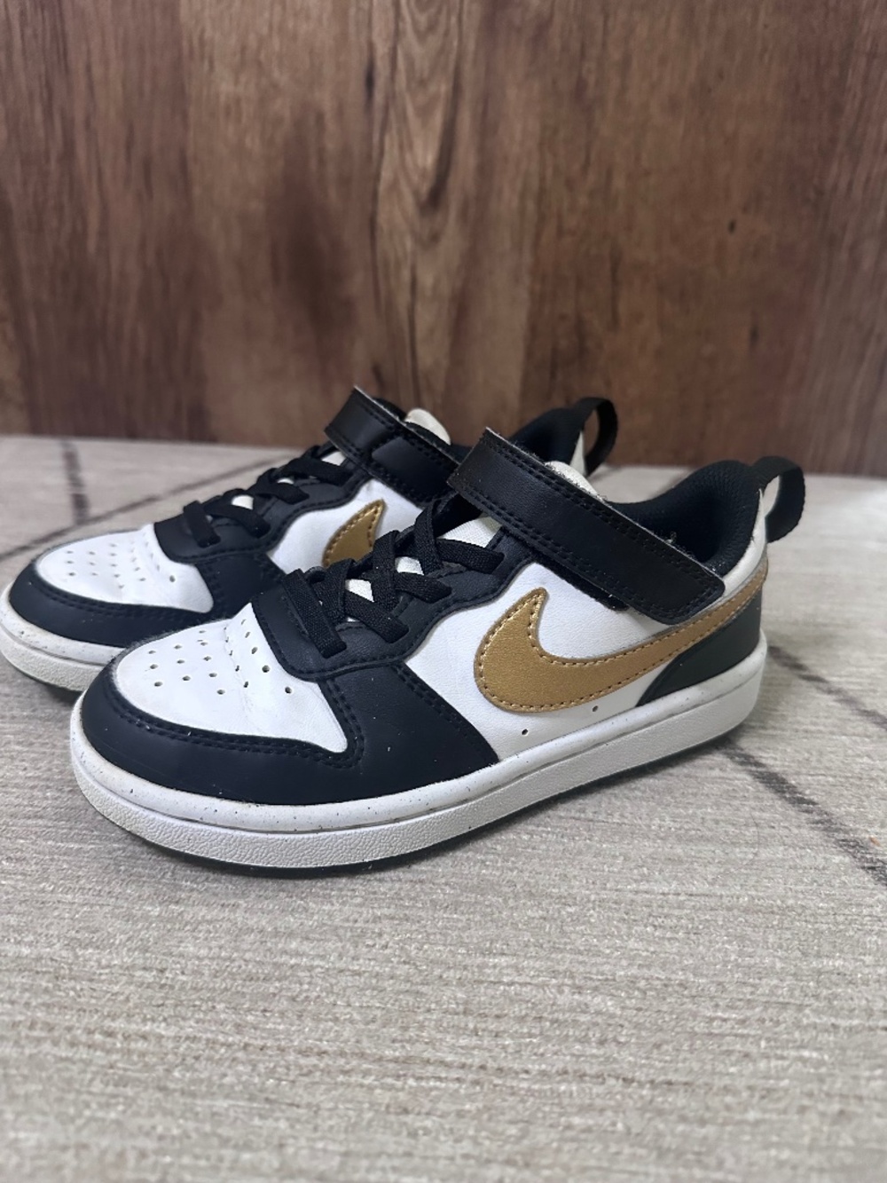 Youth Size 12 Nike Court Borough Low Recraft Shoes Black, Gold, and White